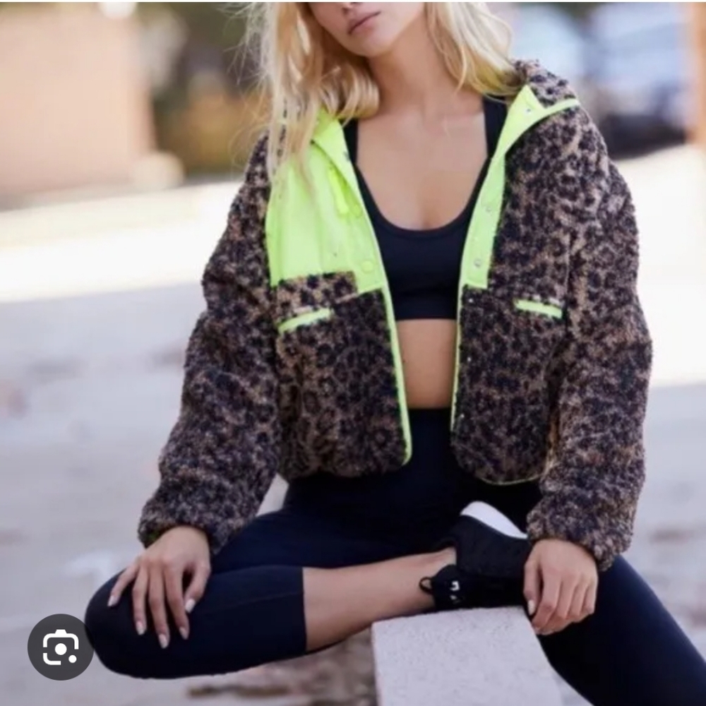 Free People Leopard Print Ski Jacket with Neon Accents